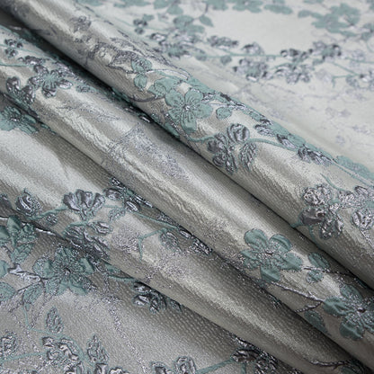 Aqua and Silver Luxury Floral Metallic Brocade - Detail