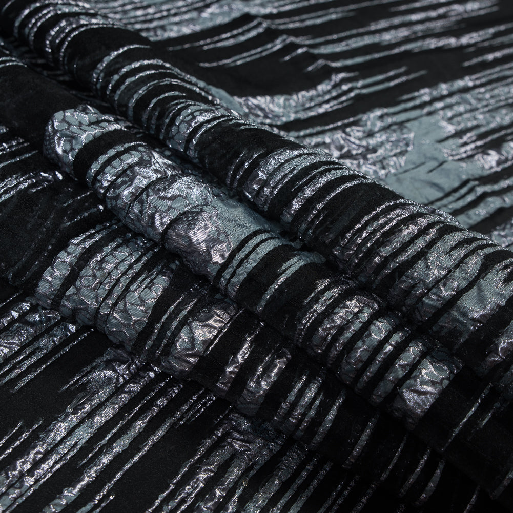 Black and Metallic Stone Blue Luxury Striated Burnout Brocade - Detail
