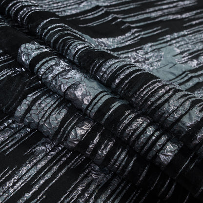 Black and Metallic Stone Blue Luxury Striated Burnout Brocade - Detail