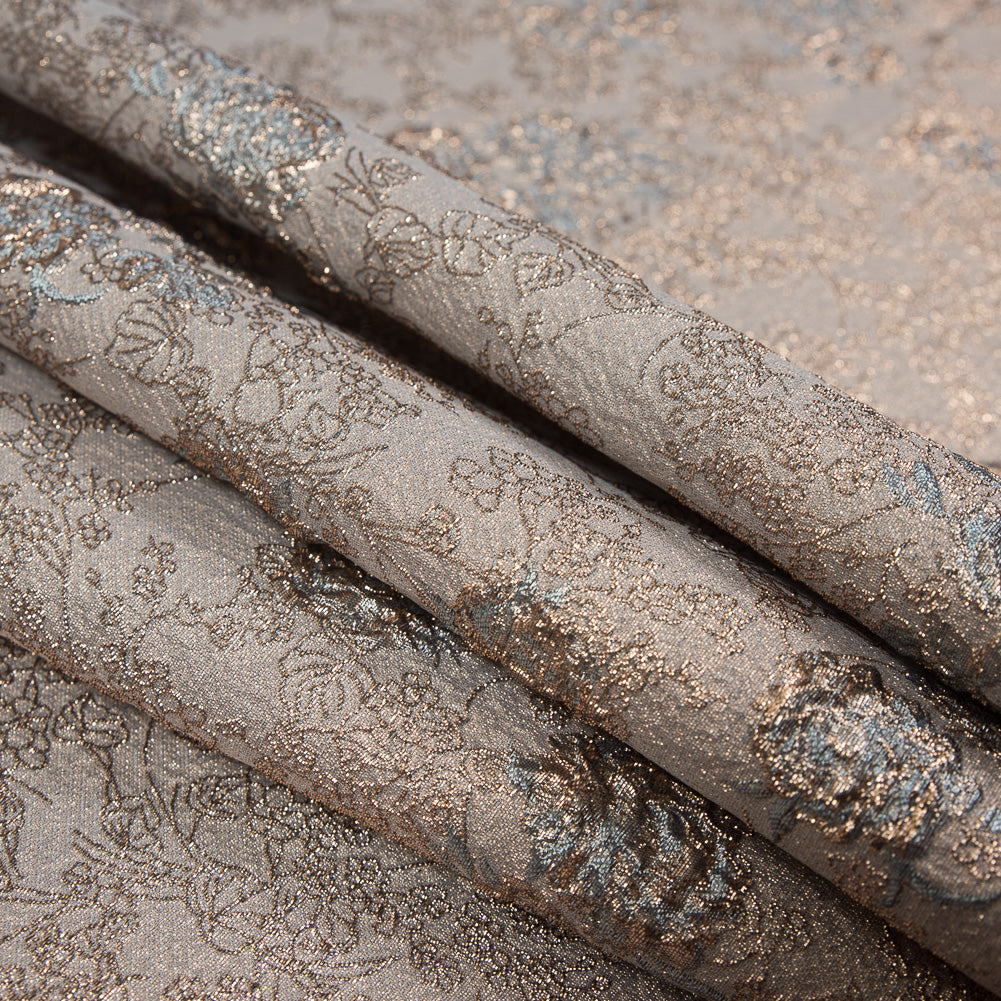 Gold and Sky Blue Luxury Floral Metallic Brocade - Detail