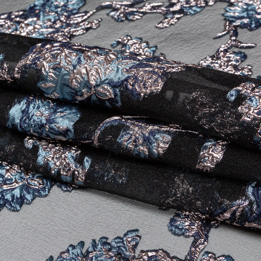 Metallic Blue Granite and Rose Gold Luxury Abstract Burnout Brocade - Folded