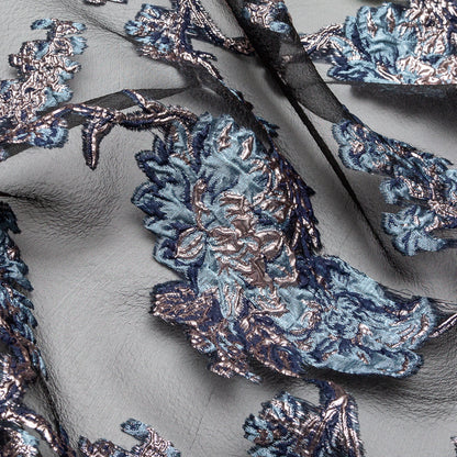 Metallic Blue Granite and Rose Gold Luxury Abstract Burnout Brocade - Detail