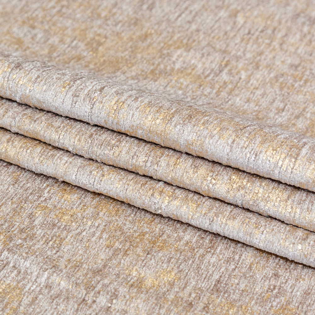 Beige Polyester Chenille with Metallic Gold Foil - Folded