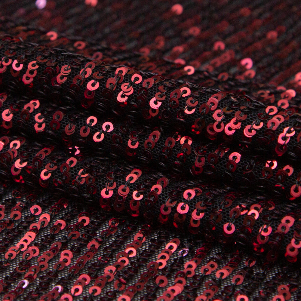 Stretch Mesh with Baby Sequins - Wine Stripes on Black Folded