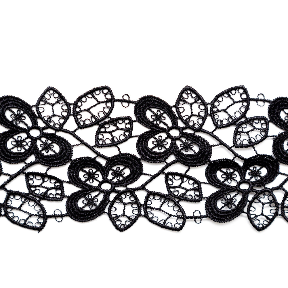 Fancy Black Floral Venise Lace Trim - 2.5" Detail