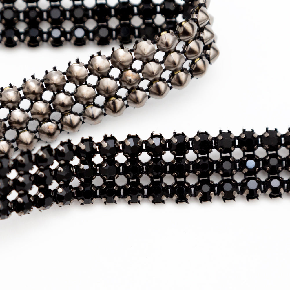Gunmetal and Jet Black 3-Row Rhinestone Trim - 0.625" Detail