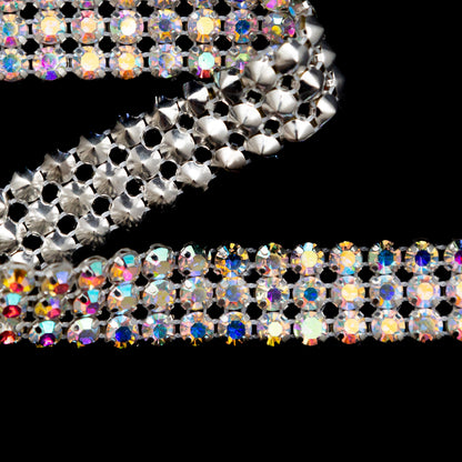 Silver and Iridescent Crystal 3-Row Rhinestone Trim - 0.625 - Detail