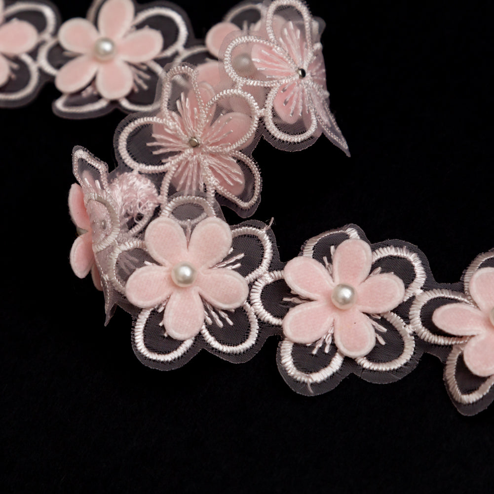 3D Peach Embroidered Organza Floral Pearl Trim - 1.5" Detail