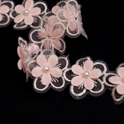 3D Peach Embroidered Organza Floral Pearl Trim - 1.5" Detail