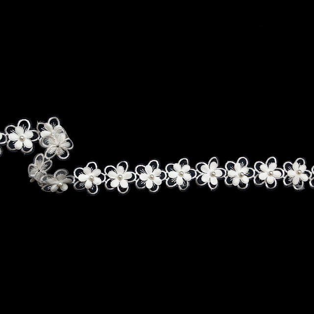3D Ivory Embroidered Organza Floral Pearl Trim - 1.5