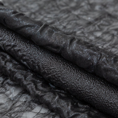 Metallic Double Layer Organza - Black and Silver Iridescent Stripes Detail