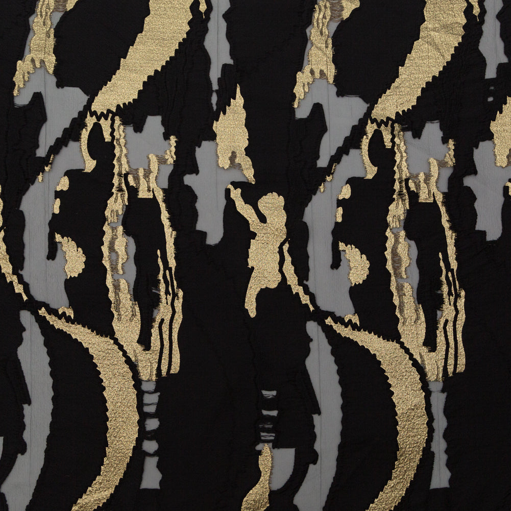 Metallic Gold and Black Luxury Crinkled Organza Burnout Brocade