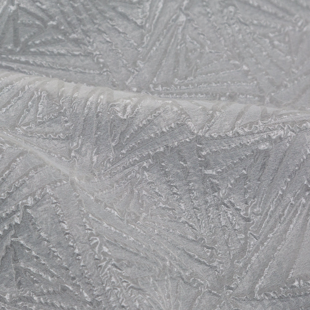 Luminous White Geometric Double-Layer Creped Organza Brocade Full
