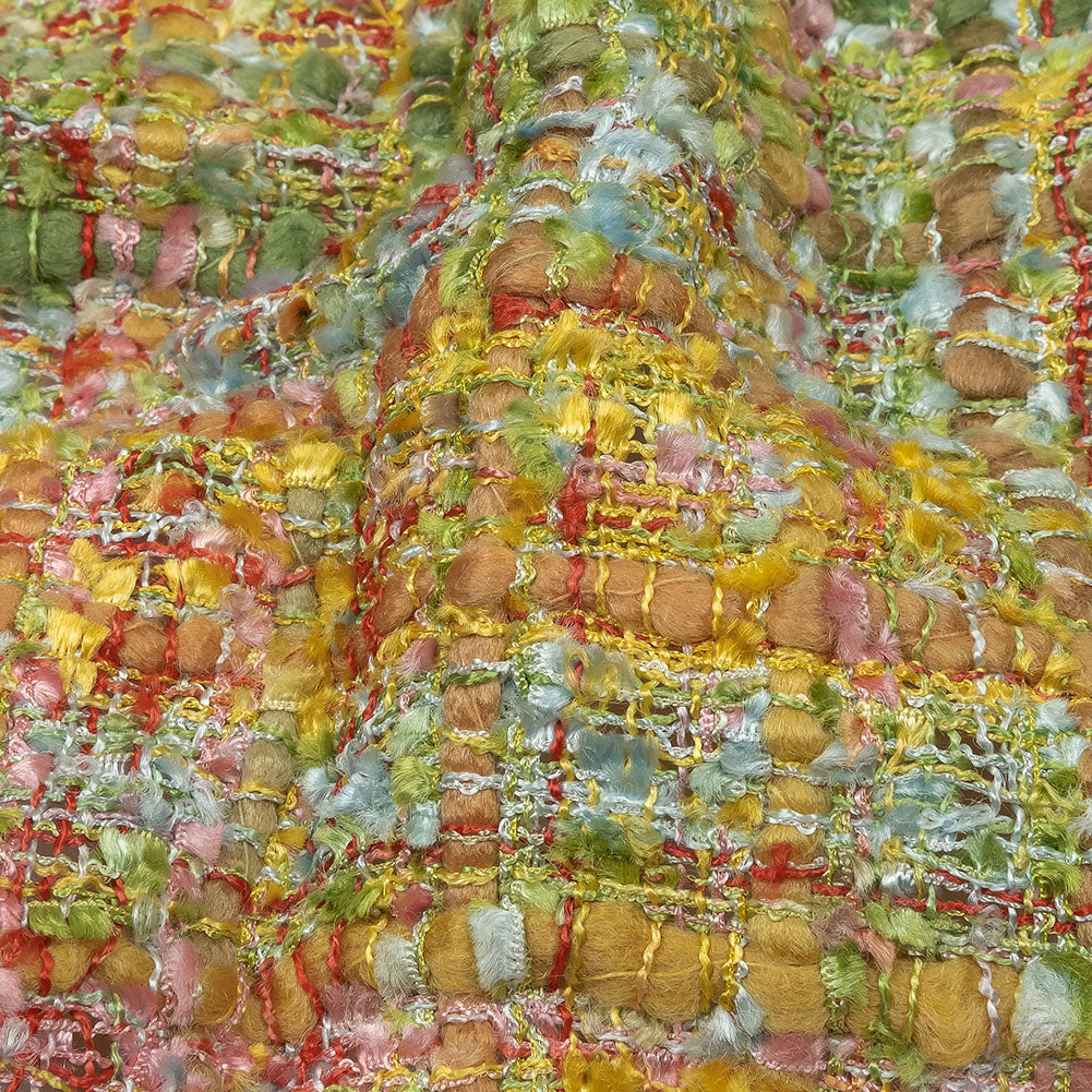 Newcastle Yellow, Olivenite, Minced Herb and Pink Viscose and Acrylic Chenille Tweed - Folded