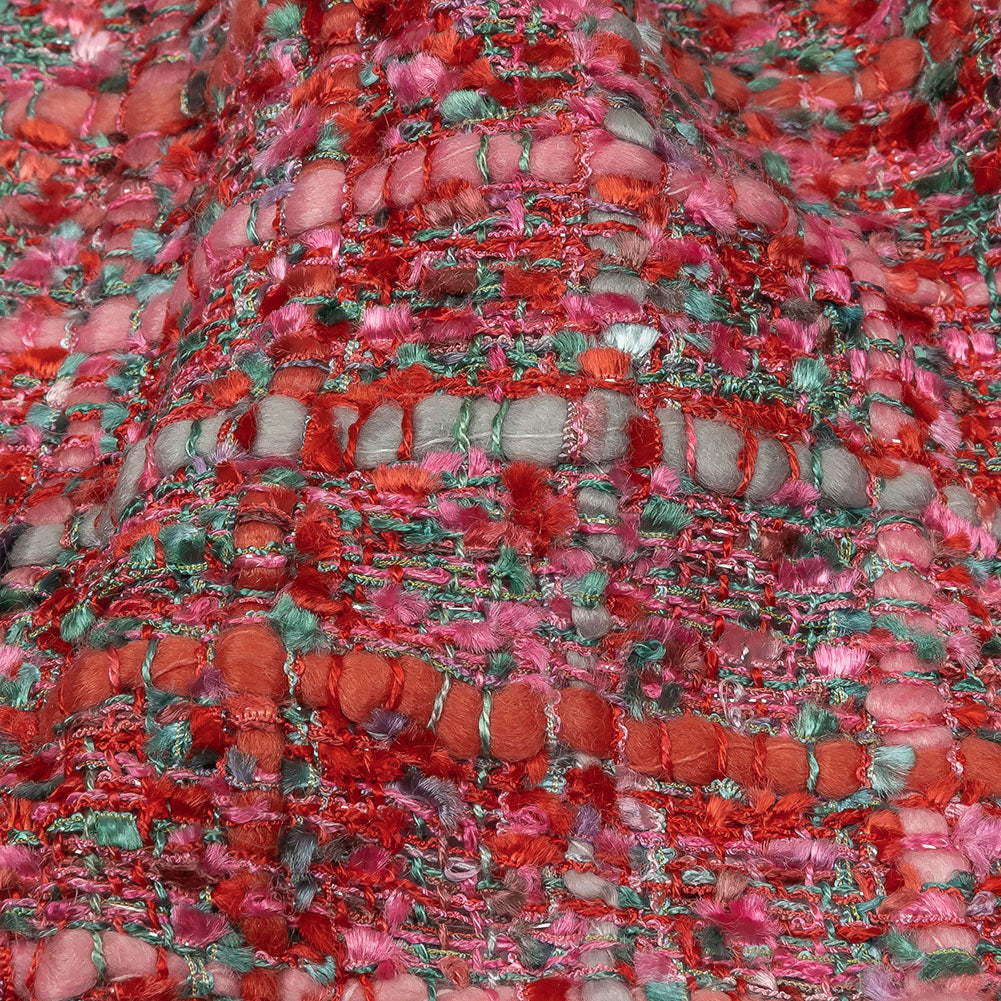 Newcastle Pink, Coral and Green Metallic Viscose and Acrylic Chenille Tweed - Folded