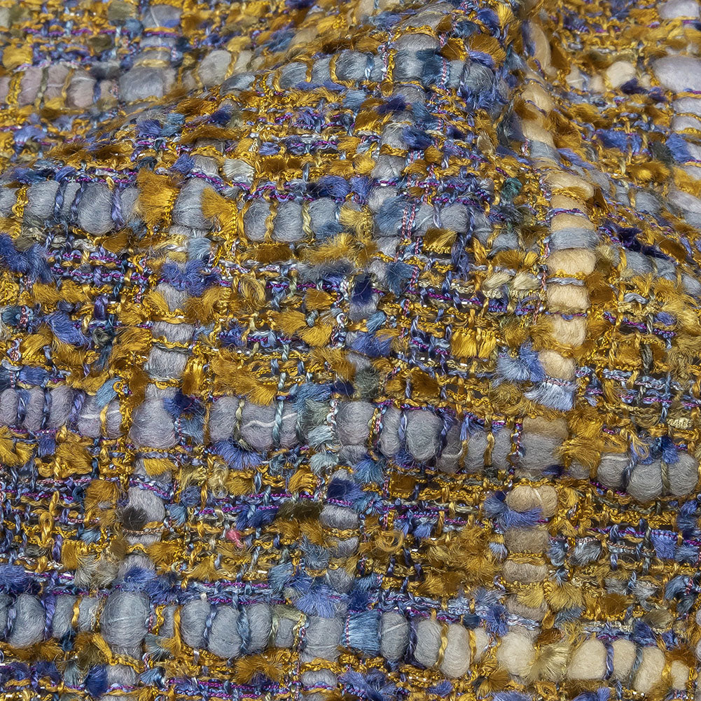 Newcastle Blue and Mustard Metallic Viscose and Acrylic Chenille Tweed - Folded