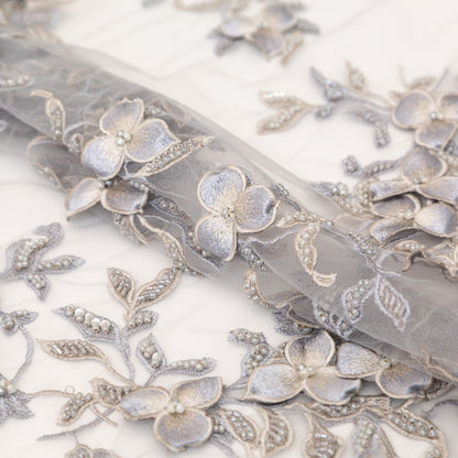 Fancy Blue 3D Floral Beaded and Embroidered Lace with Scalloped Edges Folded