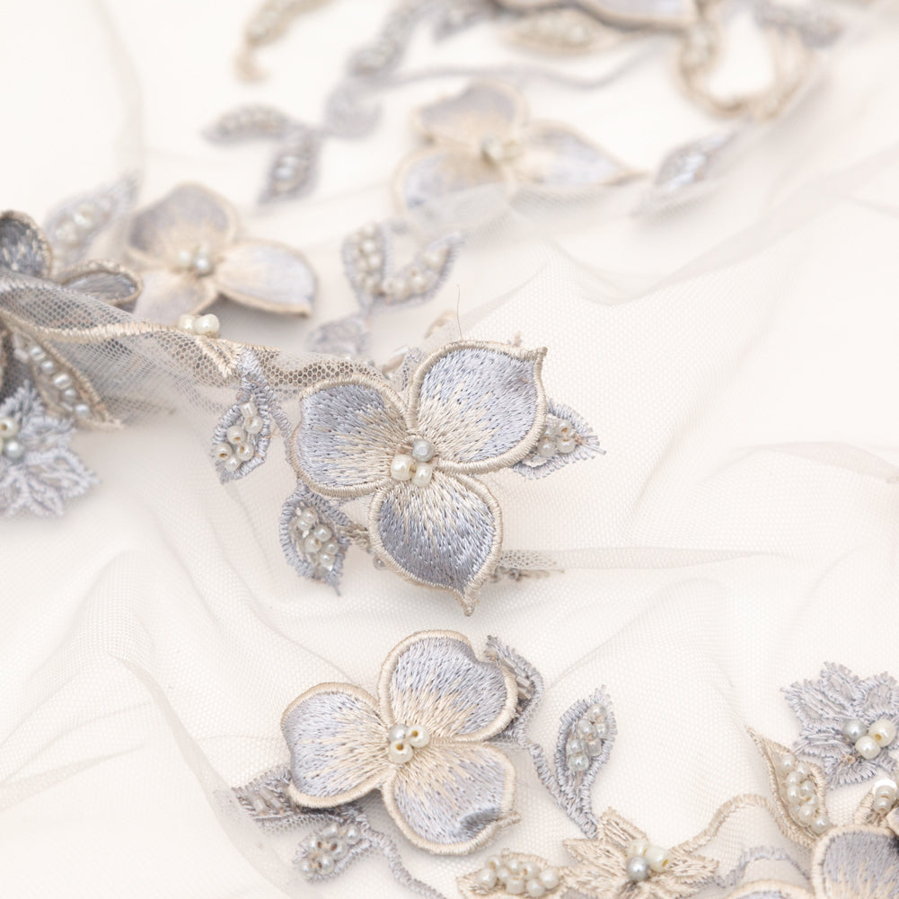 Fancy Blue 3D Floral Beaded and Embroidered Lace with Scalloped Edges Detail