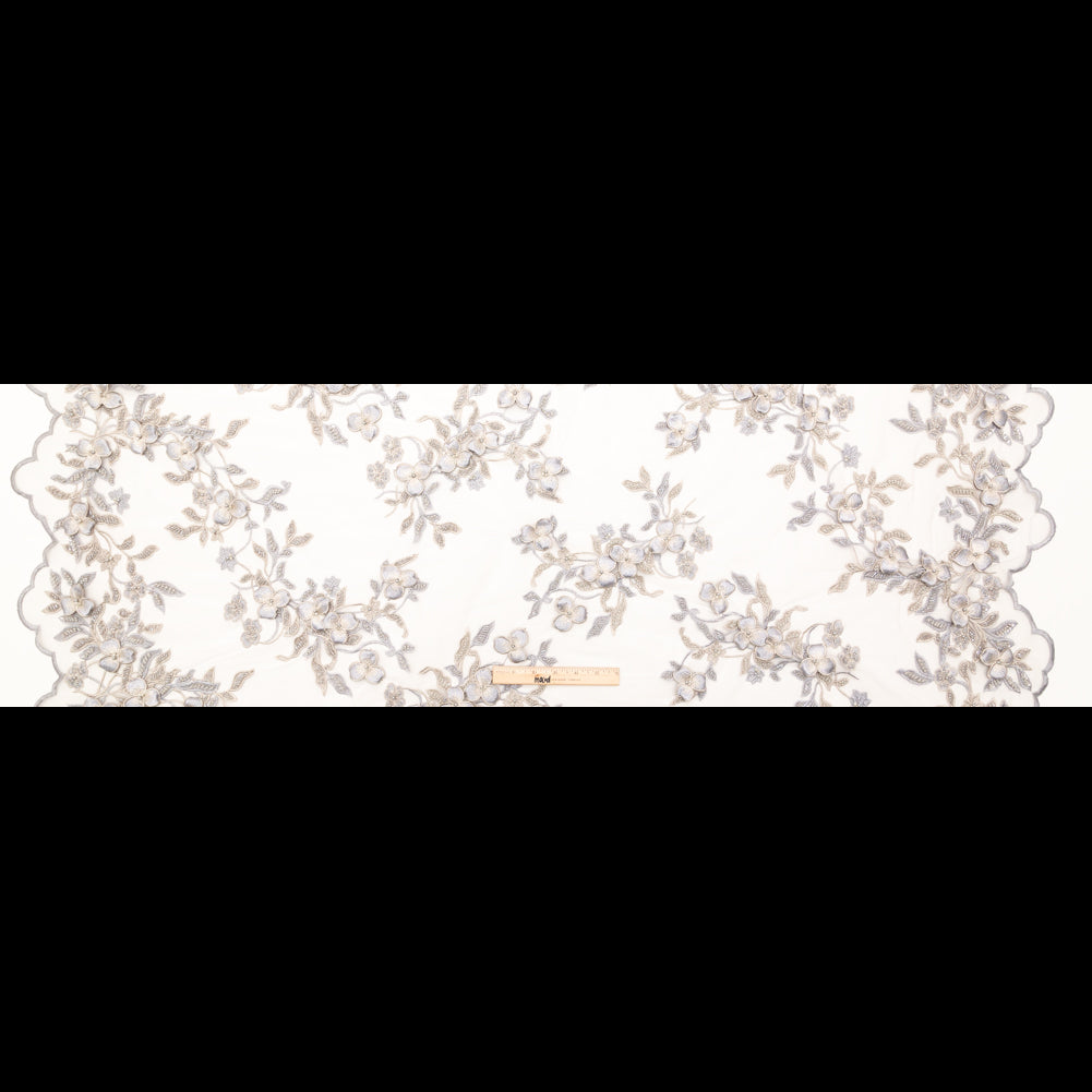 Fancy Blue 3D Floral Beaded and Embroidered Lace with Scalloped Edges Full