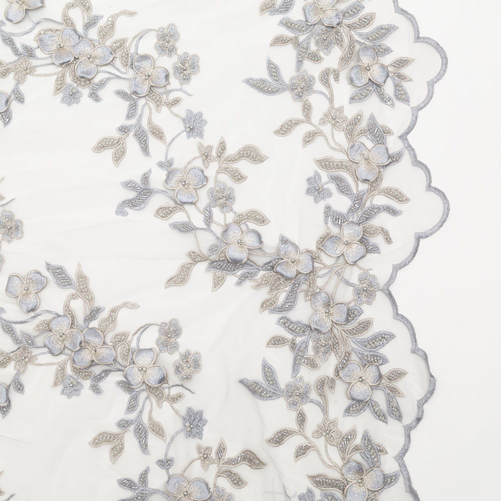 Fancy Blue 3D Floral Beaded and Embroidered Lace with Scalloped Edges