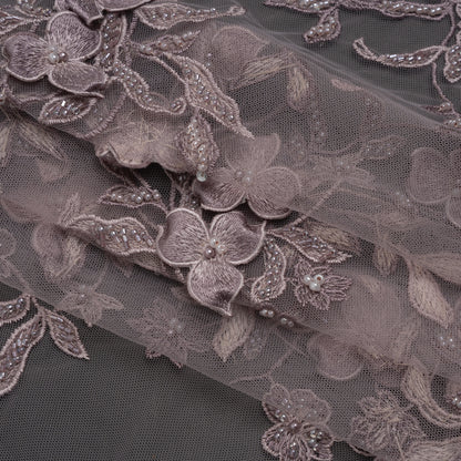 3D Embroidered Lace with Beads and Scalloped Edges - Lilac Floral