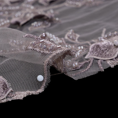 3D Embroidered Lace with Beads and Scalloped Edges - Lilac Floral