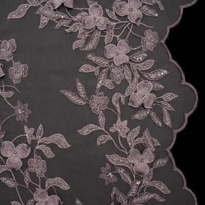 3D Embroidered Lace with Beads and Scalloped Edges - Lilac Floral