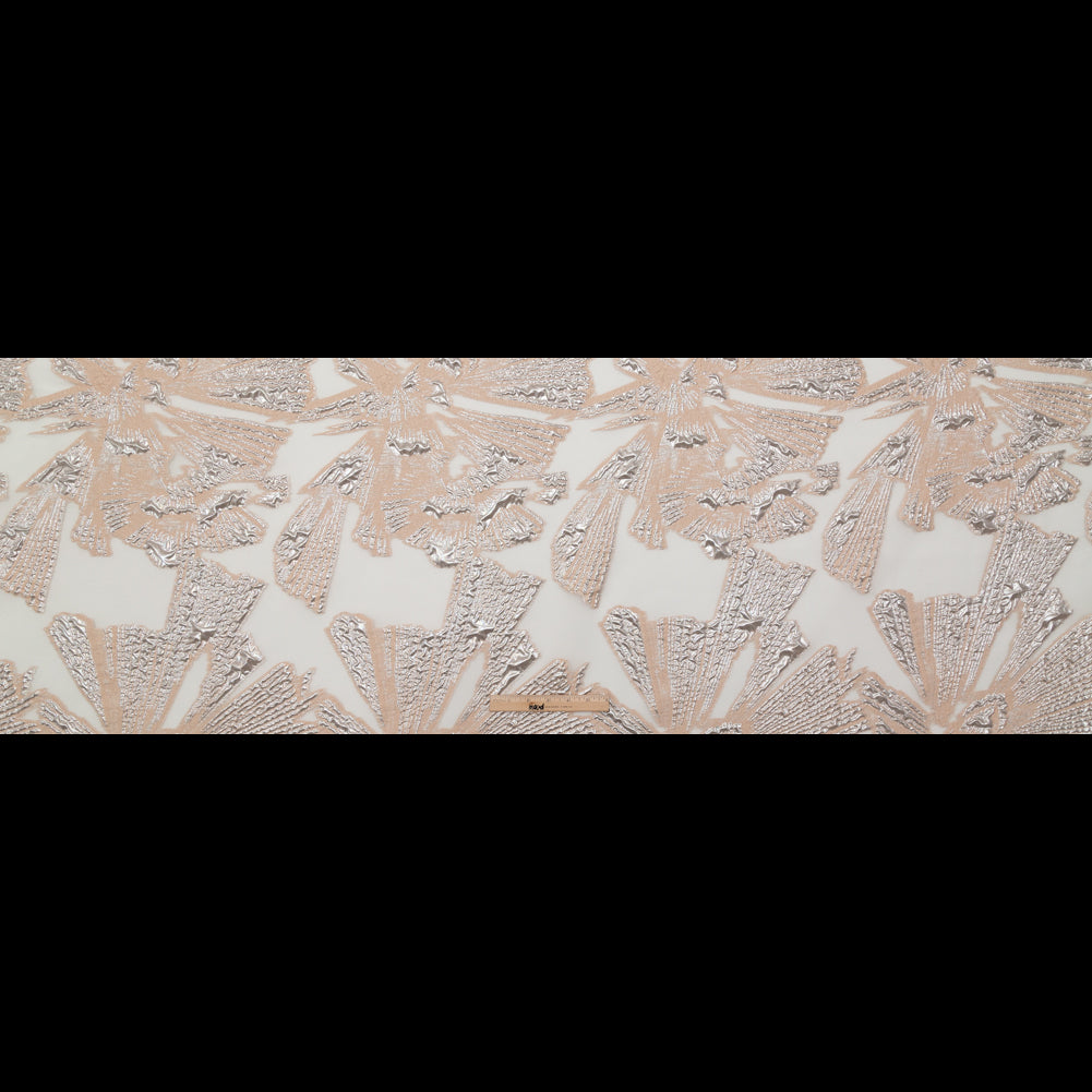 Metallic Silver and Peach Large-Scale Burnout Floral Luxury Brocade Folded