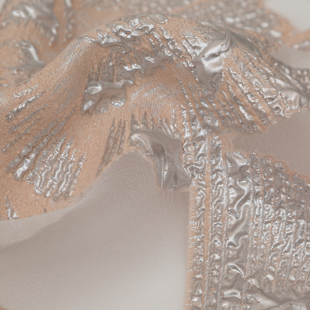 Metallic Silver and Peach Large-Scale Burnout Floral Luxury Brocade Full