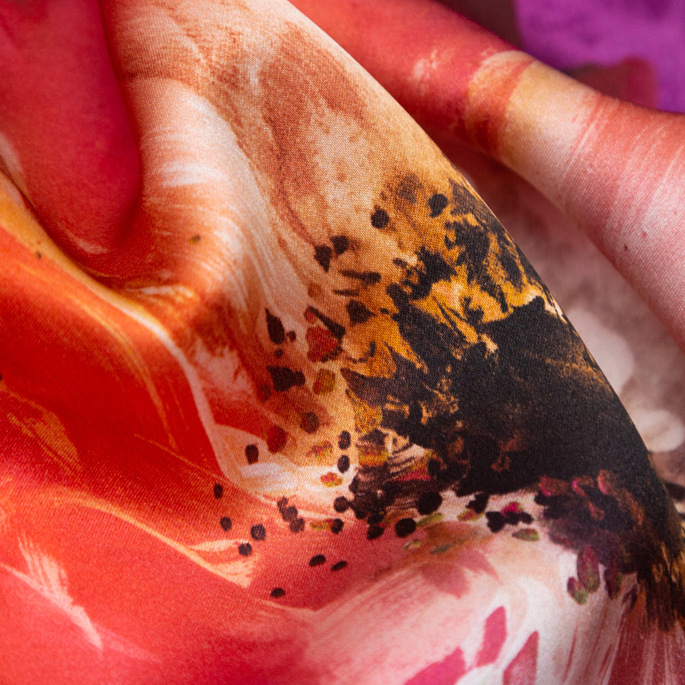 Italian Pink, Orange and Blue Painterly Floral Digitally Printed Silk Charmeuse - Full