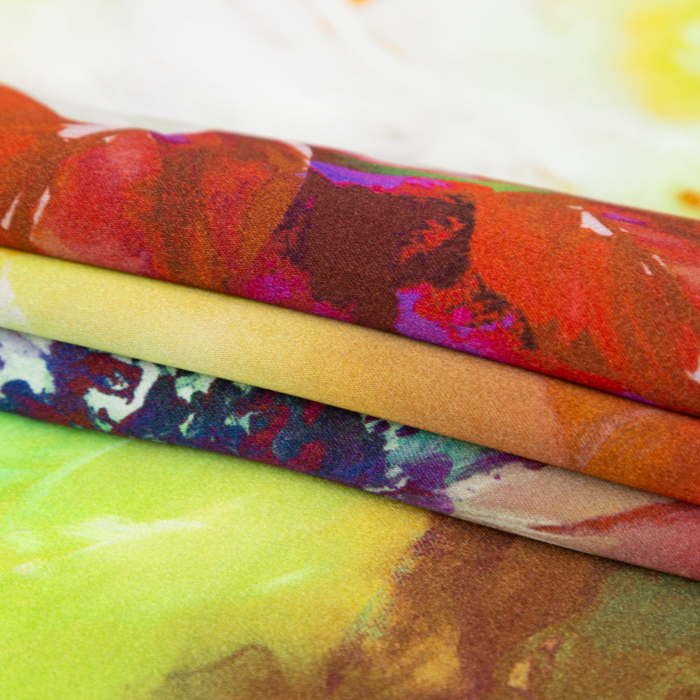 Mood Exclusive Italian Green and Orange Painterly Floral Digitally Printed Silk Charmeuse Detail