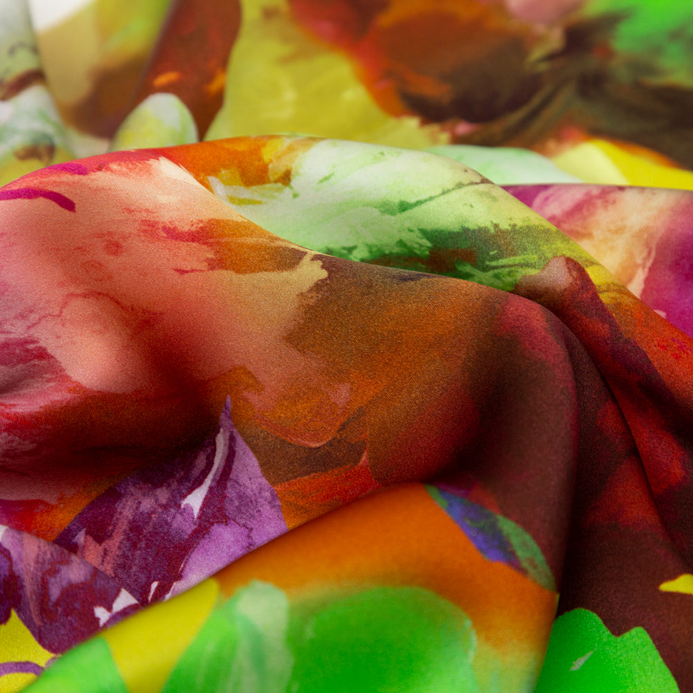 Mood Exclusive Italian Green and Orange Painterly Floral Digitally Printed Silk Charmeuse Full