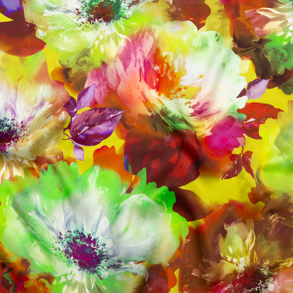Mood Exclusive Italian Green and Orange Painterly Floral Digitally Printed Silk Charmeuse