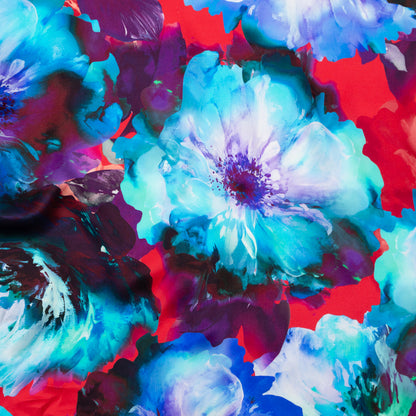 Italian Blue Windsor Wine and Purple Painterly Floral Digitally Printed Silk Charmeuse