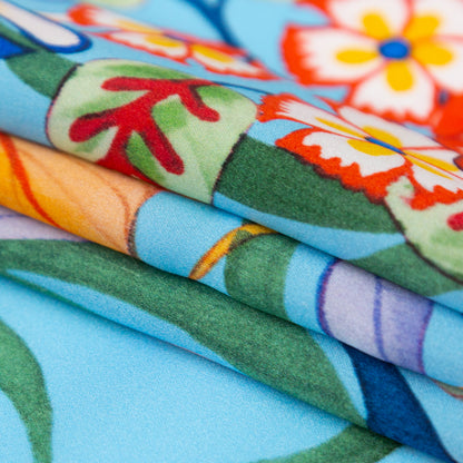 Italian Burnt Ochre and Heritage Blue Floral Digitally Printed Silk Charmeuse - Folded