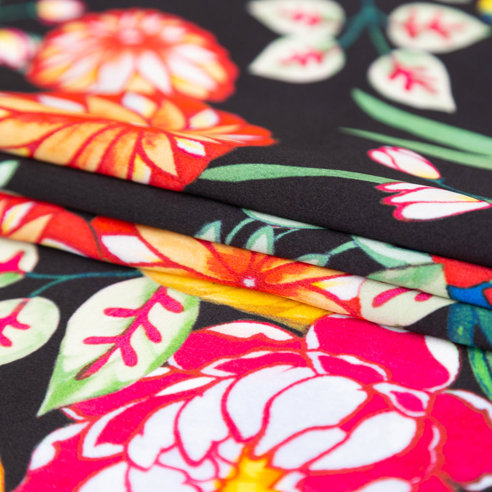 Mood Exclusive Italian Black, Green and Tangerine Floral Digitally Printed Silk Charmeuse Detail