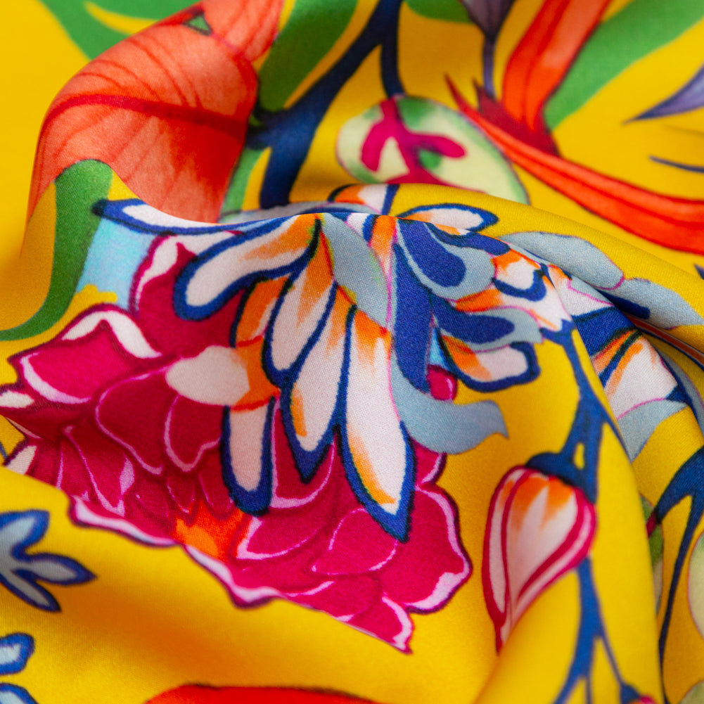 Mood Exclusive Italian Mimosa and Stone Blue Floral Digitally Printed Silk Charmeuse Full