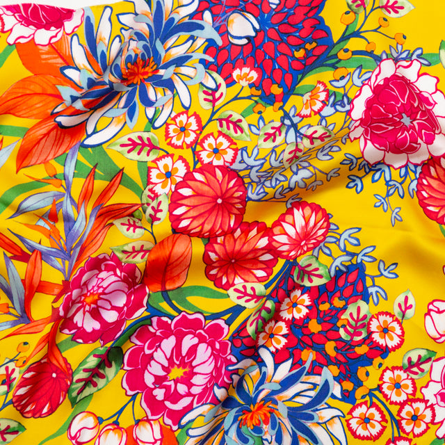 Mood Exclusive Italian Mimosa and Stone Blue Floral Digitally Printed Silk Charmeuse