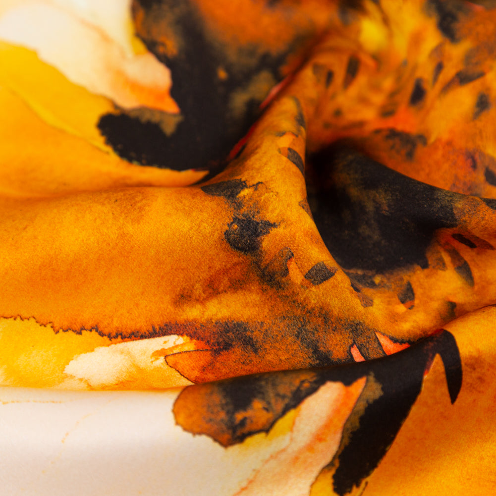 Italian Red, Mustard and Teal Abstract Floral Silk Charmeuse - Detail