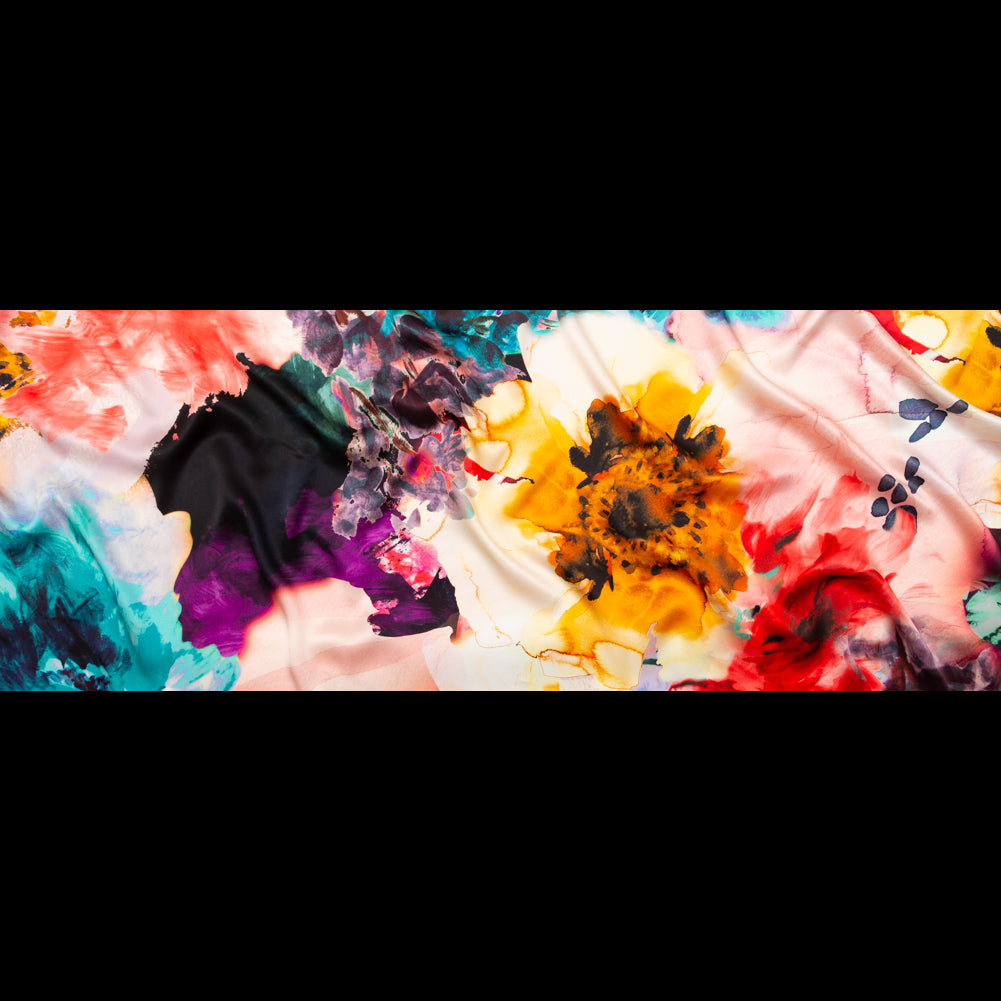 Italian Red, Mustard and Teal Abstract Floral Silk Charmeuse - Full