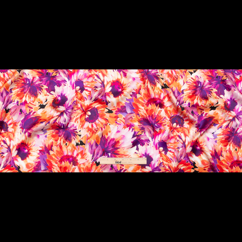 Mood Exclusive Italian Hot Coral and Purple Sunflowers Digitally Printed Silk Charmeuse Folded
