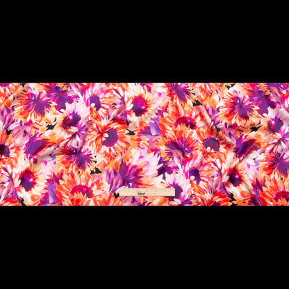 Mood Exclusive Italian Hot Coral and Purple Sunflowers Digitally Printed Silk Charmeuse Folded