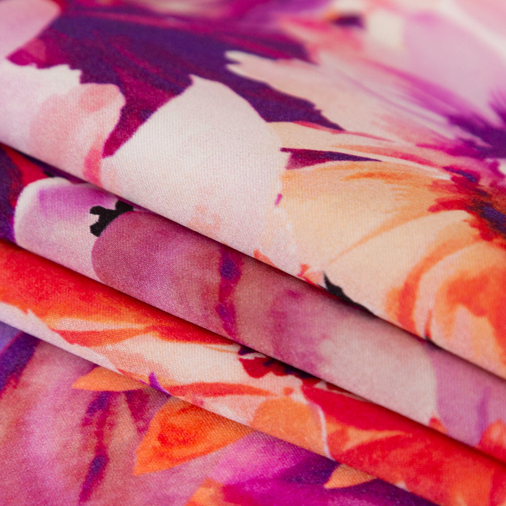 Mood Exclusive Italian Hot Coral and Purple Sunflowers Digitally Printed Silk Charmeuse Detail