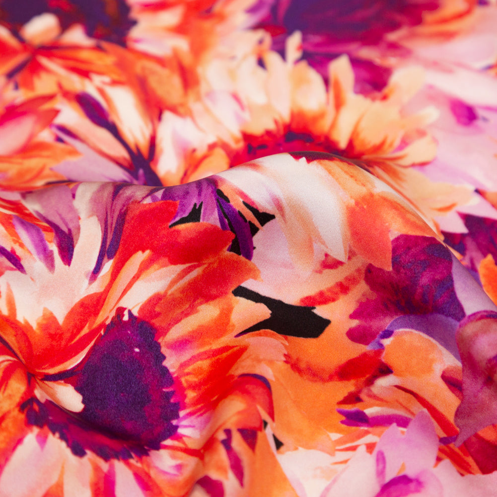 Mood Exclusive Italian Hot Coral and Purple Sunflowers Digitally Printed Silk Charmeuse Full