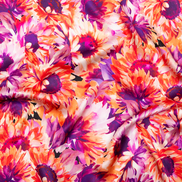 Mood Exclusive Italian Hot Coral and Purple Sunflowers Digitally Printed Silk Charmeuse