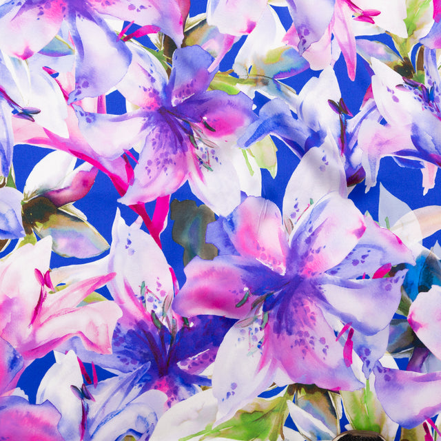 Italian Deep Blue and Red Violet Watercolor Floral Digitally Printed Silk Charmeuse
