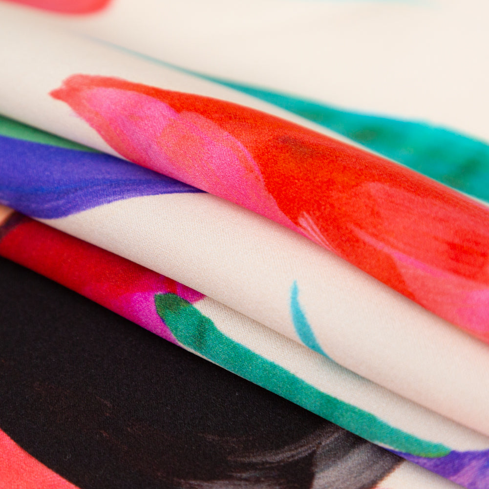 Italian Pale Beige, Pink and Purple Floral Digitally Printed Silk Charmeuse - Detail