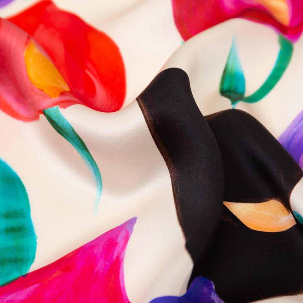 Italian Pale Beige, Pink and Purple Floral Digitally Printed Silk Charmeuse - Full