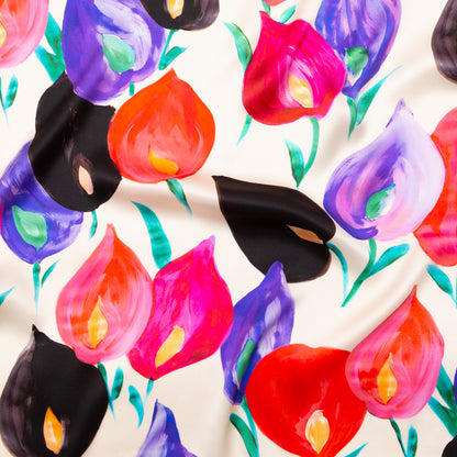 Italian Pale Beige, Pink and Purple Floral Digitally Printed Silk Charmeuse