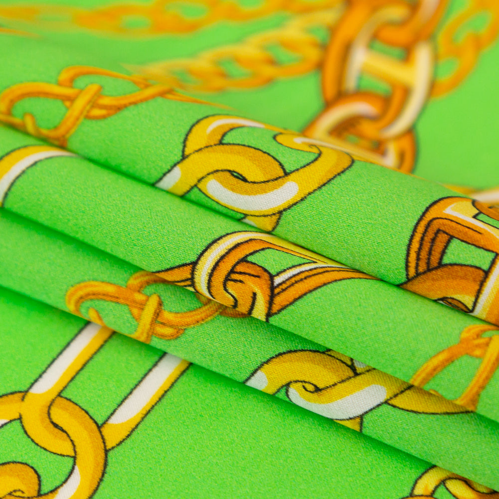 Mood Exclusive Italian Kelly Green and Gold Chains Digitally Printed Silk Charmeuse Folded